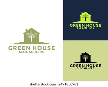 Plantilla de Vector con logotipo de la casa verde, árbol con diseño de logotipo casero