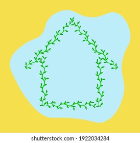 Green house made of branches with leaves isolated on light blue and illuminating yellow background. Ecology nature home concept. Housing development template. Copy space. Poster design. Summer banner.