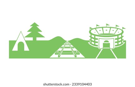 Green house nature art vector design with ground trees, ship and house