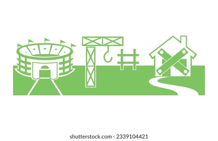 Green house nature art vector design with ground trees, ship and house