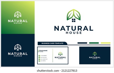 green house, nature leaf with home logo design concept with business card template