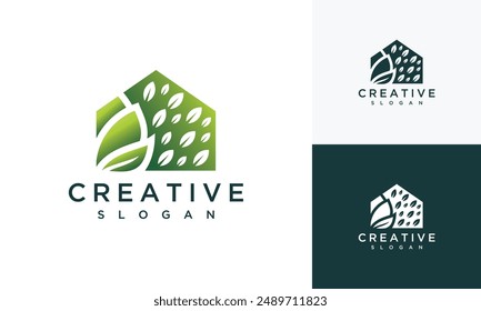 Green house nature logo design, leaf concept at home. inspirationAbstract leaf house logo	