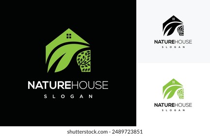 Green house nature logo design, leaf concept at home. inspirationAbstract leaf house logo	