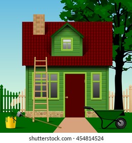 Green house on a plot with fence, tree and home tools. Vector illustration