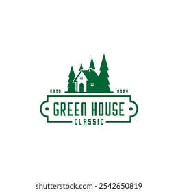 Logotipo da casa verde e da floresta de pinheiros 