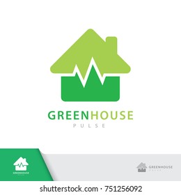 Green house pulse  symbol icon isolated on white background. Vector illustration, Logo template design.