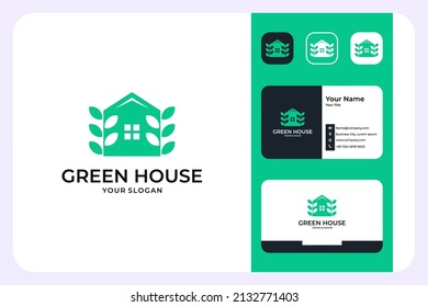 green house real estate with leaf logo design and business card