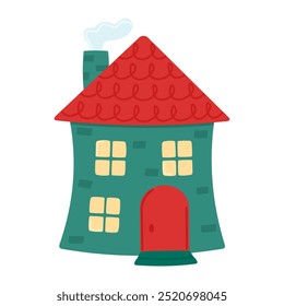 Green house with red roof and chimney. Front view. Children's house is isolated on a white background. Vector illustration in a flat style.