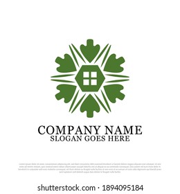 Green house with six leaf logo vector, farm house logo design template