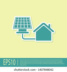 Green House with solar panel icon isolated on yellow background. Ecology, solar renewable energy. Eco-friendly house. Environmental Protection. Vector Illustration