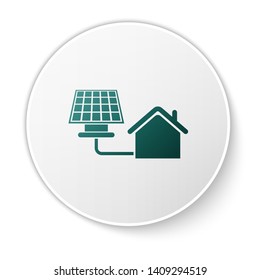 Green House with solar panel icon isolated on white background. Ecology, solar renewable energy. Eco-friendly house. Environmental Protection. White circle button. Vector Illustration