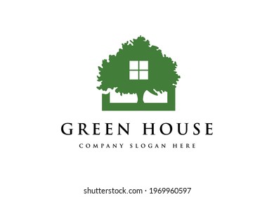 green House with tree Logo design. Vector green house logo vector illustration
