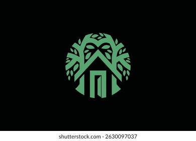 Projeto do logotipo da árvore da casa verde com símbolo da porta aberta no conceito criativo