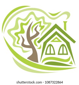 Green house and tree. Vector illustration