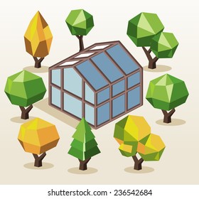 Green House and trees. isometric vector illustration