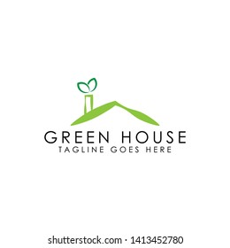 Green house with two leaf natural logo design. Minimal logo design. - Vector