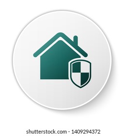 Green House under protection icon isolated on white background. Home and shield. Protection, safety, security, protect, defense concept. White circle button. Vector Illustration