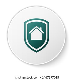 Green House under protection icon isolated on white background. Home and shield. Protection, safety, security, protect, defense concept. White circle button. Vector Illustration