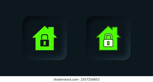 Green House under protection icon isolated on black background. Home and lock. Protection, safety, security, protect, defense concept. Black square button. Vector