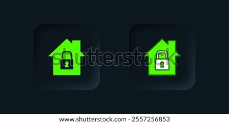 Green House under protection icon isolated on black background. Home and lock. Protection, safety, security, protect, defense concept. Black square button. Vector