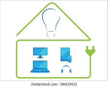 Green house using green energy full of gadgets: laptop, monitor, tablet, smartphone, headphone which help creativity