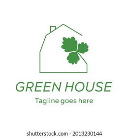 Green house vector farm logo. Eco organic symbol icon template design. Fresh food, natural product, greens, harvest with barn and plant for business identity