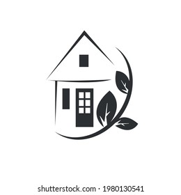 Green house vector icon or label. House logo. Ecology and architecture.