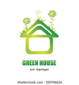 Green house vector logo - eco house icon/ green energy concept. Modern creative house shape with abstract flowers and grass on its roof. Garden house - plant home. Shiny green logotype/ emblem.