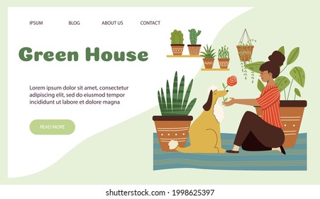 Green house web page interface with woman spending good time at home, flat vector illustration. House greenery and urban jungle contemporary concept for website.