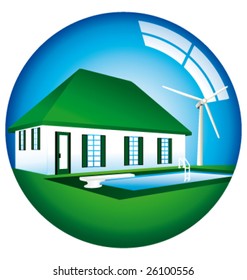 Green house with windmill globe icon vector