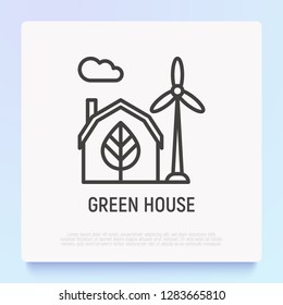 Green house and windmills thin line icon. Modern vector illustration.