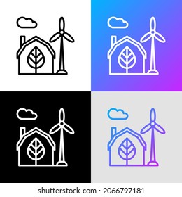 Icono de delgada línea de la casa verde y los molinos de viento. Ilustración vectorial moderna.