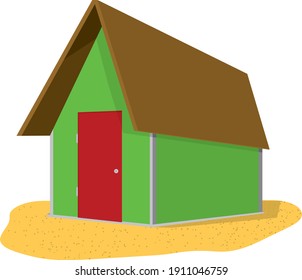 green house without windows with one door on yellow sand with brown roof, vector file