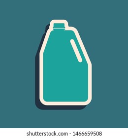 Green Household chemicals blank plastic bottle icon isolated on blue background. Liquid detergent or soap, stain remover, laundry bleach. Long shadow style. Vector Illustration