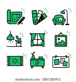 Green household objects arranged neatly on white background with decorative lines with perfect lighting and vibrant natural atmosphere.