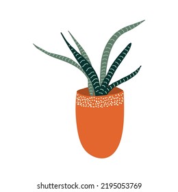 Green houseplant in ceramic pot. Vector illustration isolated on white background. Home interior. 