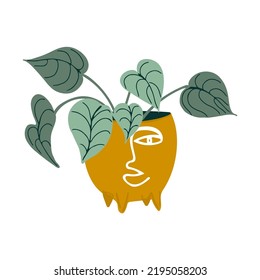 Hogar verde en una olla de cerámica. Ilustración vectorial aislada en fondo blanco. Interior en casa. 
