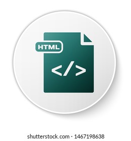 Green HTML file document. Download html button icon isolated on white background. HTML file symbol. Markup language symbol. White circle button. Vector Illustration