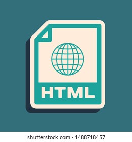 Green HTML file document. Download html button icon isolated on blue background. HTML file symbol. Markup language symbol. Long shadow style. Vector Illustration