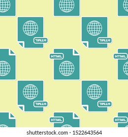 Green HTML file document. Download html button icon isolated seamless pattern on yellow background. HTML file symbol. Markup language symbol.  Vector Illustration