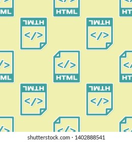Green HTML file document icon. Download html button icon isolated seamless pattern on yellow background. HTML file symbol. Markup language symbol. Vector Illustration