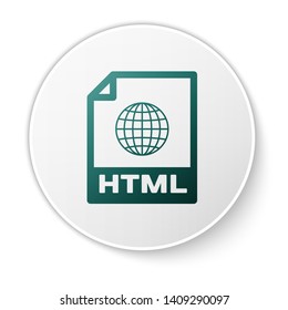 Green HTML file document icon. Download html button icon isolated on white background. HTML file symbol. Markup language symbol. White circle button. Vector Illustration