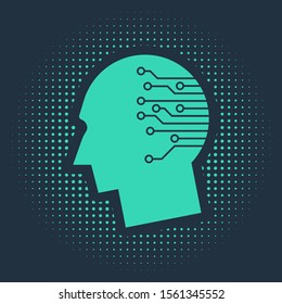 Green Human brain as digital circuit board icon isolated on blue background. Artificial Intelligence. Human head outline with circuit lines inside. Abstract circle random dots. Vector Illustration