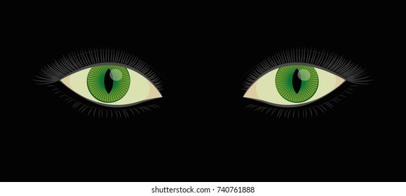 Green human cats eyes with slit pupils - beautiful, spooky, female mystic fantasy creature looking at you from darkness. Vector illustration on black background.