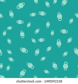 Green Human with gear inside icon isolated seamless pattern on green background. Artificial intelligence. Thinking brain sign. Symbol work of brain.  Vector Illustration