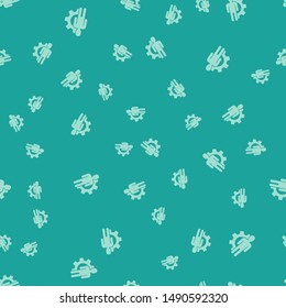 Green Human with gear inside icon isolated seamless pattern on green background. Artificial intelligence. Thinking brain sign. Symbol work of brain.  Vector Illustration