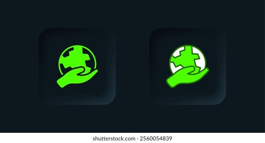 Green Human hand holding Earth globe icon isolated on black background. Save earth concept. Black square button. Vector