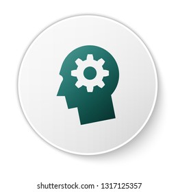 Green Human head with gear inside icon isolated on white background. Artificial intelligence. Thinking brain sign. Symbol work of brain. Green circle button. Vector Illustration