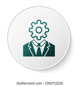 Green Human head with gear inside icon isolated on white background. Artificial intelligence. Thinking brain sign. Symbol work of brain. Green circle button. Vector Illustration