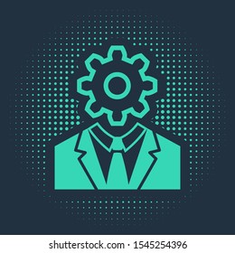 Green Human head with gear inside icon isolated on blue background. Artificial intelligence. Thinking brain sign. Symbol work of brain. Abstract circle random dots. Vector Illustration